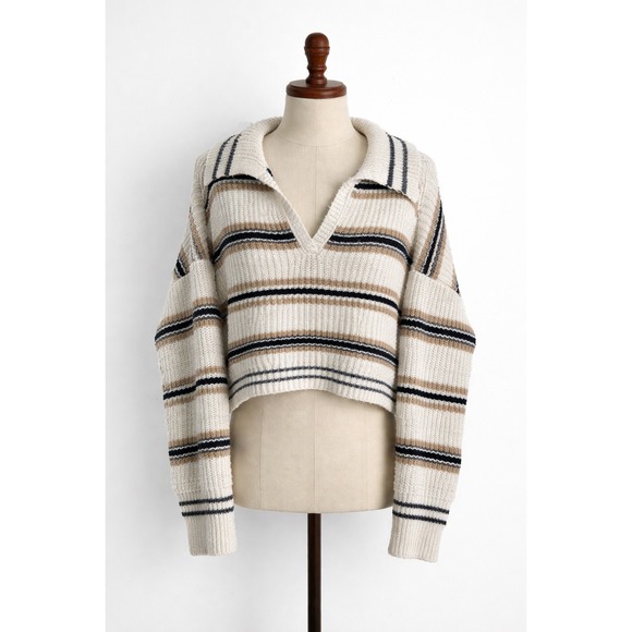 Free People Sweaters - Free People Kennedy Striped Cropped Polo Sweater Cream Tan Black Size Large